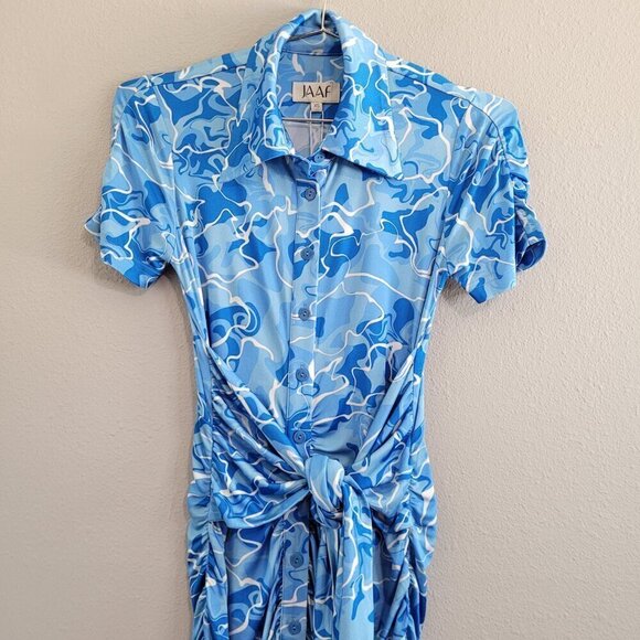 Stretchy Jersey Shirt Midi Dress - Ruched Bodycon Pool Water Print Summer Beach - Picture 4 of 15